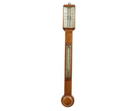 An oak stick barometer, the bone register plates signed Davis, Leeds, twin verniers, the trunk with detachable thermometer, p