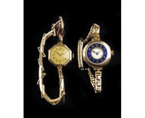 A Swiss 9ct gold half hunting cased wristwatch, damascened nickel movement, dark blue enamel chapter ring with outer white li