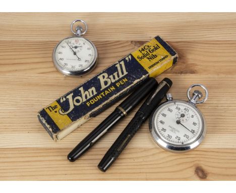 Two vintage stopwatches, one Ingersoll, together with a John Bull fountain pen No.2 in box and another fountain pen 