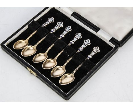 A set of six c1930s Scandinavian silver gilt and enamel coffee spoons, each 9.5cm long, in Walker &amp; Hall box 