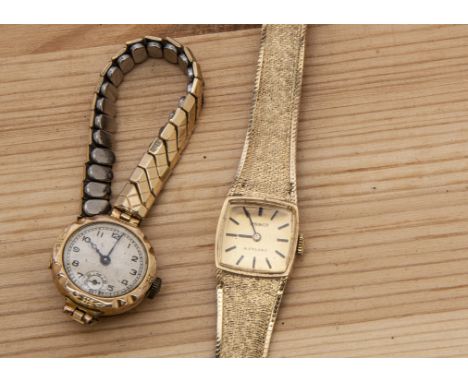 A c1970s Tissot 9ct gold lady's wristwatch, AF, 21.4g, with integrated strap, damaged, together with a 9ct gold cased lady's 