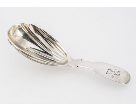 A Victorian period silver tea caddy spoon by WRS, possibly William Rawlings Sobey, 9.5cm long and 8.7cm, shaped bowl with fid