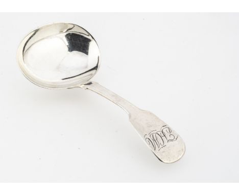 A George III period silver tea caddy spoon by TW, 9.4cm long and 12.7g, oval bowl with initials to fiddle handle, Newcastle p