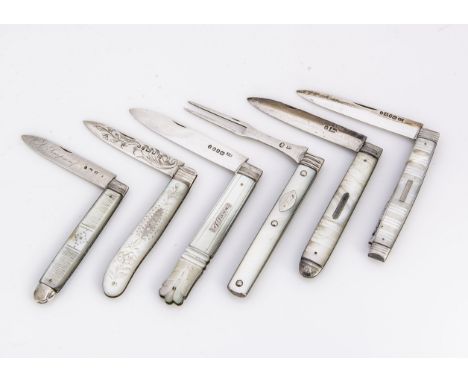 Five Victorian and later silver and mother of pearl pocket knives, together with a Georgian campaign silver and mop folding f