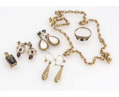 A 9ct gold necklace,  9ct gold pendant, a 9ct gold sapphire and opal ring, two pairs of earrings, and other items 13g 