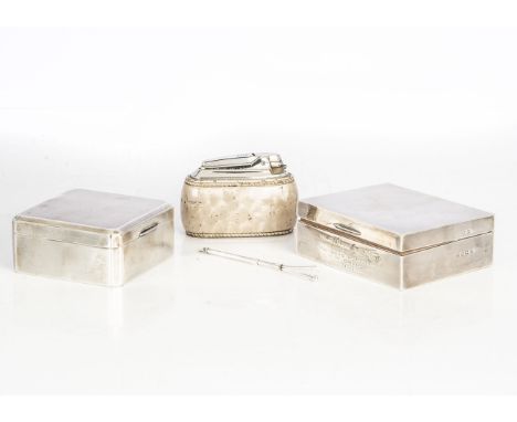 Two Art Deco silver cigarette boxes, together with a silver swizzle stick and a Ronson table lighter (4) 