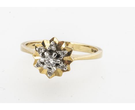 An 18ct gold diamond dress ring,  the central brilliant cut, in claw setting, surrounded by diamond set white gold petals, on