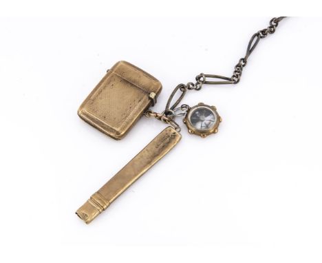 A 9ct gold vesta case with engine turned design, together with a bridge pencil, and a 9ct gold framed mother of pearl compass