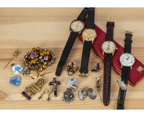 Four vintage watches and other items of jewellery, including a gold plated Roamer in box, a Timex, lacks glass, a Ross and a 