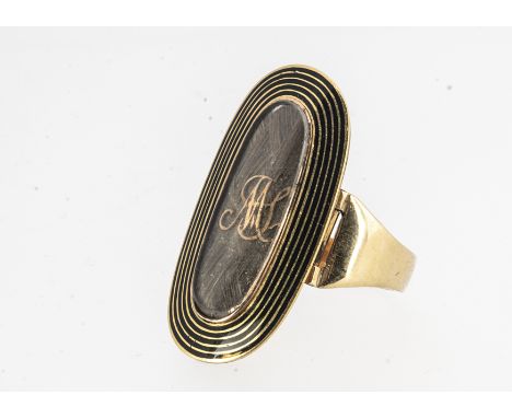 A George III  dated and named, plaited hair, enamel and gold mourning ring, oval hair panel under rock crystal,  surrounded b