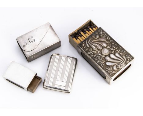 Four Victorian and later silver match related items, three matchbox holders in various sizes and designs and a matchbook hold