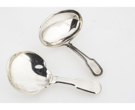 Two Georgian period silver tea caddy spoons, one George III period, 8cm long and 14.3g, with large oval bowl and fiddle and t