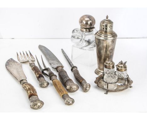 An Art Deco silver sugar sifter and other items, 18cm high and 4 ozt, together with a silver and cut glass small cruet set, a