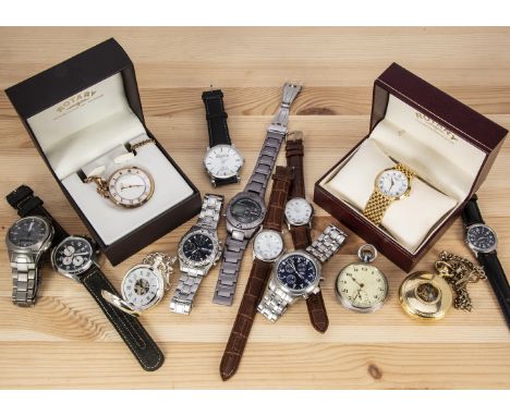 A collection of Rotary and other watches, including a boxed gilt Rotary, a gold plated Rotary pocket watch with chain in box,