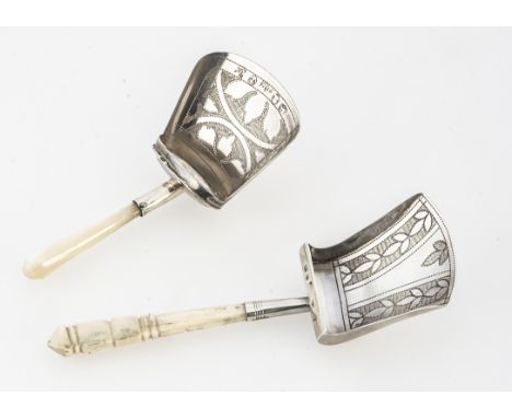 Two George III period silver tea caddy spoons, both shovel form, one with MOP handle by TF, the other with carved bone handle