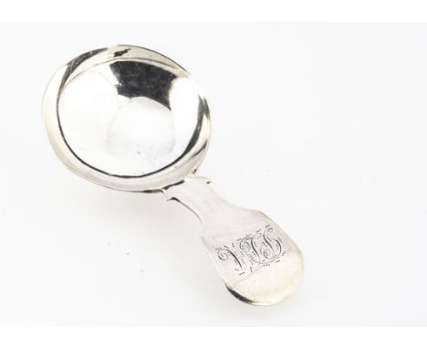 An early Victorian period silver tea caddy spoon by PL, 8.1cm and 14.4g, circular bowl with fiddle handle and initials, Newca