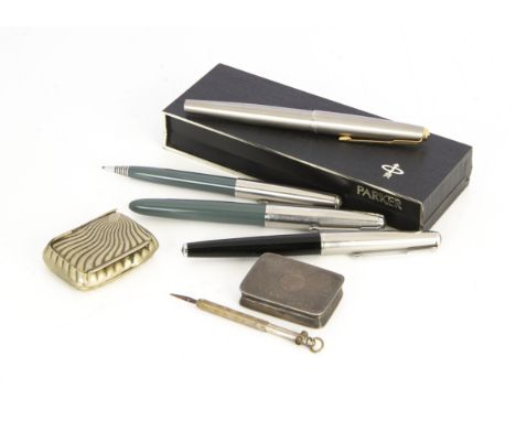 A Victorian silver snuff box by CC, together with a silver plated snuff box, a tooth pick with Huddersfield stanhope, three P