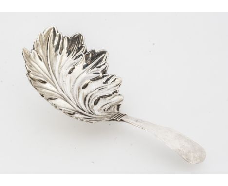 A George IV period silver tea caddy spoon by JC, 8.6cm long and 7.8g, with leaf style bowl, repaired to where handle meets bo