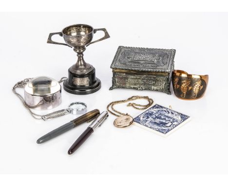 A mixed lot, including a gold plated circular locket on a 9ct gold chain, a small silver trophy cup on stand, a modern magnif