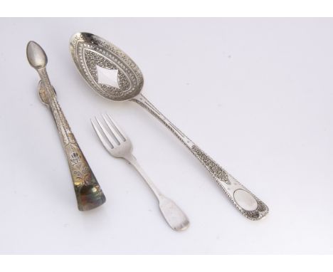 Three items of George III silver, including a bright cut and engraved tablespoon by Hester Bateman, a small fork and a pair o