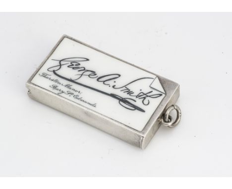A Victorian silver vesta case, 6.2cm and 1.35 ozt, with probably later enamel panel to front for George A. Smith Thurston Man