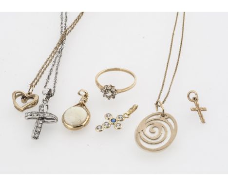 A collection of 9ct gold,  including an opal pendant, a CZ set cross pendant and chain in white 9ct gold, a paste set ring, h