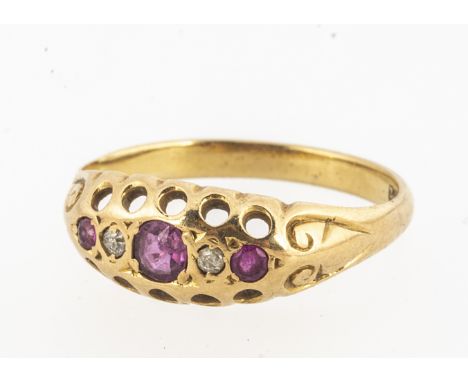 An 18ct ruby and diamond five stone ring, the mixed circular cut rubies alternately set with old cut diamonds, marked to inne