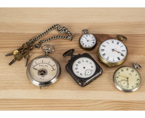 Four vintage pocket watches and a pocket Kerry Volt meter, including an Omega open faced stainless steel example, not running