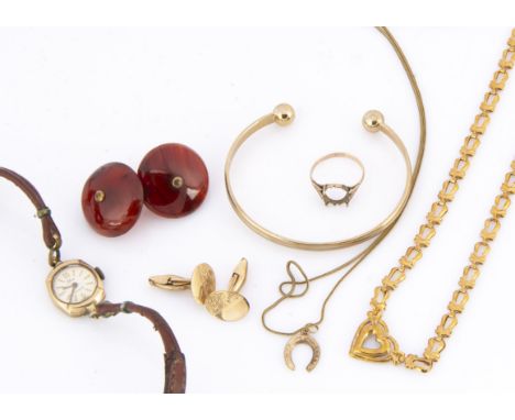 A collection of 9ct gold,  including a torque bangle, a 9k marked necklace, pair of cufflinks a chain, ring mount, a pair of 