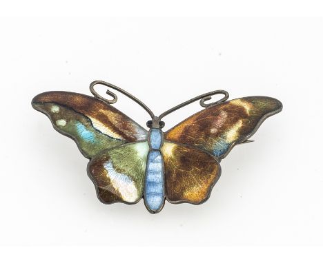 A Norwegian silver and enamel butterfly brooch, with blue abdomen and mottled blue, brown and yellow wings, marked 925 S.G.R,