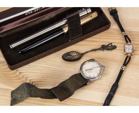 A Rotary 9ct gold cased lady's wristwatch and other items, the small gold watch on black leather strap, together with a Timor