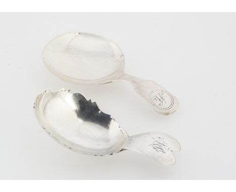 Two George III period silver tea caddy spoons, one fiddle handle with initials and circular bowl, Birmingham by IT, 8cm and 7