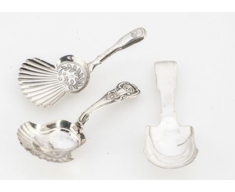 Three George III period silver tea caddy spoons, one thistle shaped and one with fan shaped bowl, both repaired or replaced h