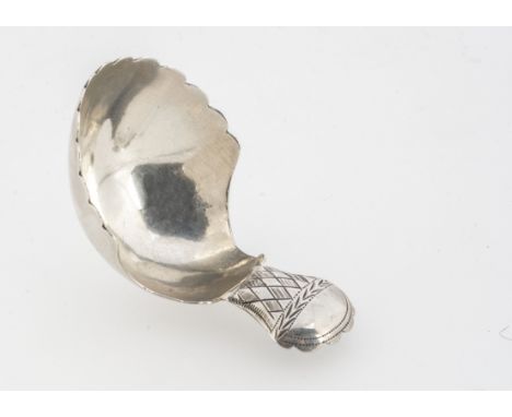 A George III period silver tea caddy spoon by IT, possibly Joseph Taylor, 5.7cm long and 10g, Birmingham 1805, repair to wher