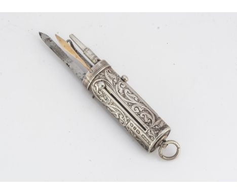 A Victorian silver etui by W V &amp; S, 5.5cm long and 0.61 ozt, with pencil, toothpick, knife and button hook, Birmingham 18