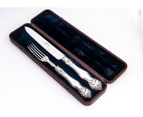 A cased Edwardian silver knife and fork set by AH, fitted red case with vacant silver plaque to lid, 33.3cm wide 