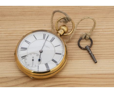 A late Victorian 18ct gold open faced pocket watch from T &amp; E Rhodes of Kendal, 51mm, white enamel dial with subsidiary, 