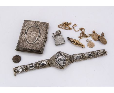 An Iraq WWII silver and enamel filigree bracelet, dated 1942, 19 cm long, together with a silver cigarette case a pair of ova