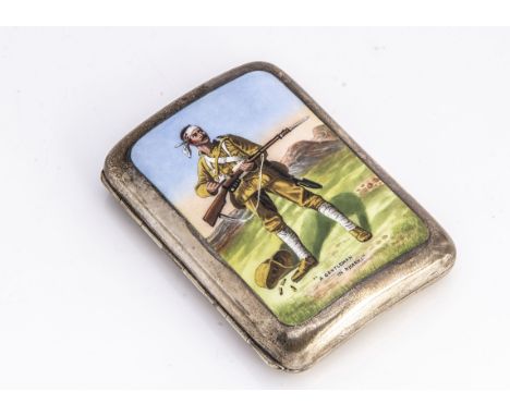 A late Victorian silver cigarette case from CS * FS, 8.5cm and 3.25 ozt, curved rectangular for with enamel painting to front