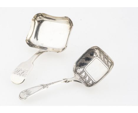 Two Georgian period silver tea caddy spoons, one smaller, 8.2cm long and 8g with bright cut engraved decoration, the other, 8