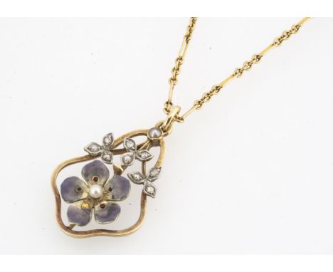 A 15ct marked enamel, seed pearl and diamond pendant, pierced ovoid design, with mauve and enamel petals set with a single se