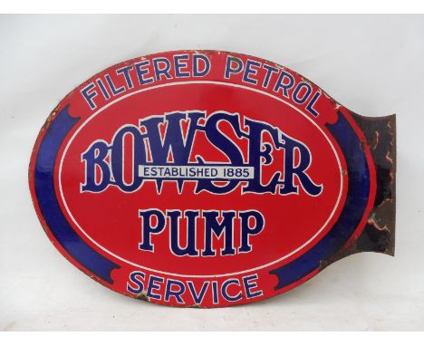 A Bowser Pump Filtered Petrol Service oval double sided enamel sign with hanging flange, 21 3/4 x 15". 