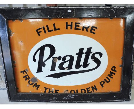 A Pratts 'Fill Here From the Golden Pump' rectangular enamel sign, mounted in a wooden frame, 55 1/2 x 40 1/2". 