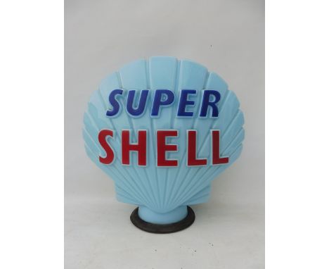 A blue Super Shell glass petrol pump globe, in excellent condition, fully stamped Hailware British Made. 