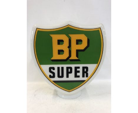 A BP Super shield shaped glass petrol pump globe by Hailware, in exceptional condition.