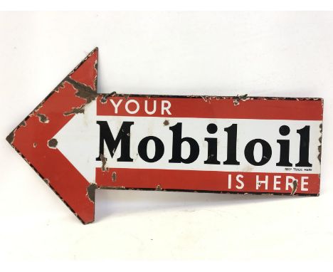 A rare Mobiloil directional double sided arrow enamel sign, 33 x 18 3/4".