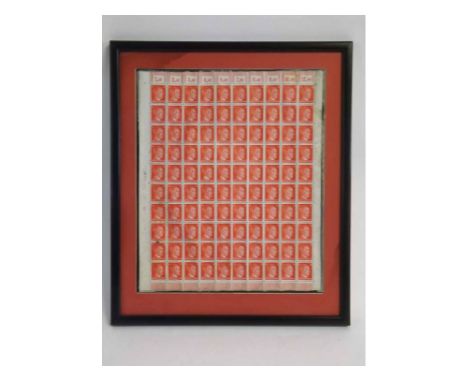 Mid-20th century framed sheet of first Third Reich stamps, 12pfg issue featuring Adolf Hitler (110 stamps) 