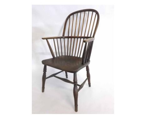 Late 18th/early 19th century elm and ash Windsor stick back armchair on turned front legs and an 'H' stretcher  