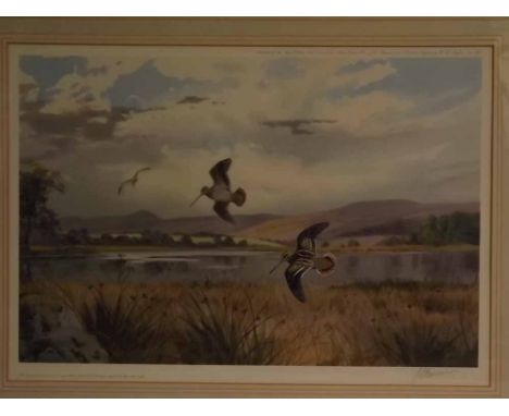 John Cyril Harrison, signed in pencil to margin, limited edition (434/500) coloured print, Woodcock in flight over an estuary