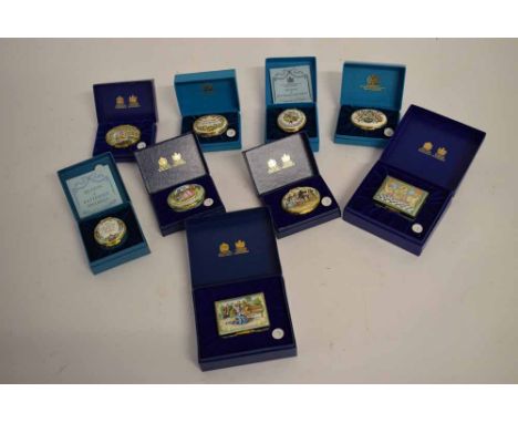 Mixed Lot: to include three Halcyon Days enamel musical pill boxes in presentation boxes together with five Bilston & Batters